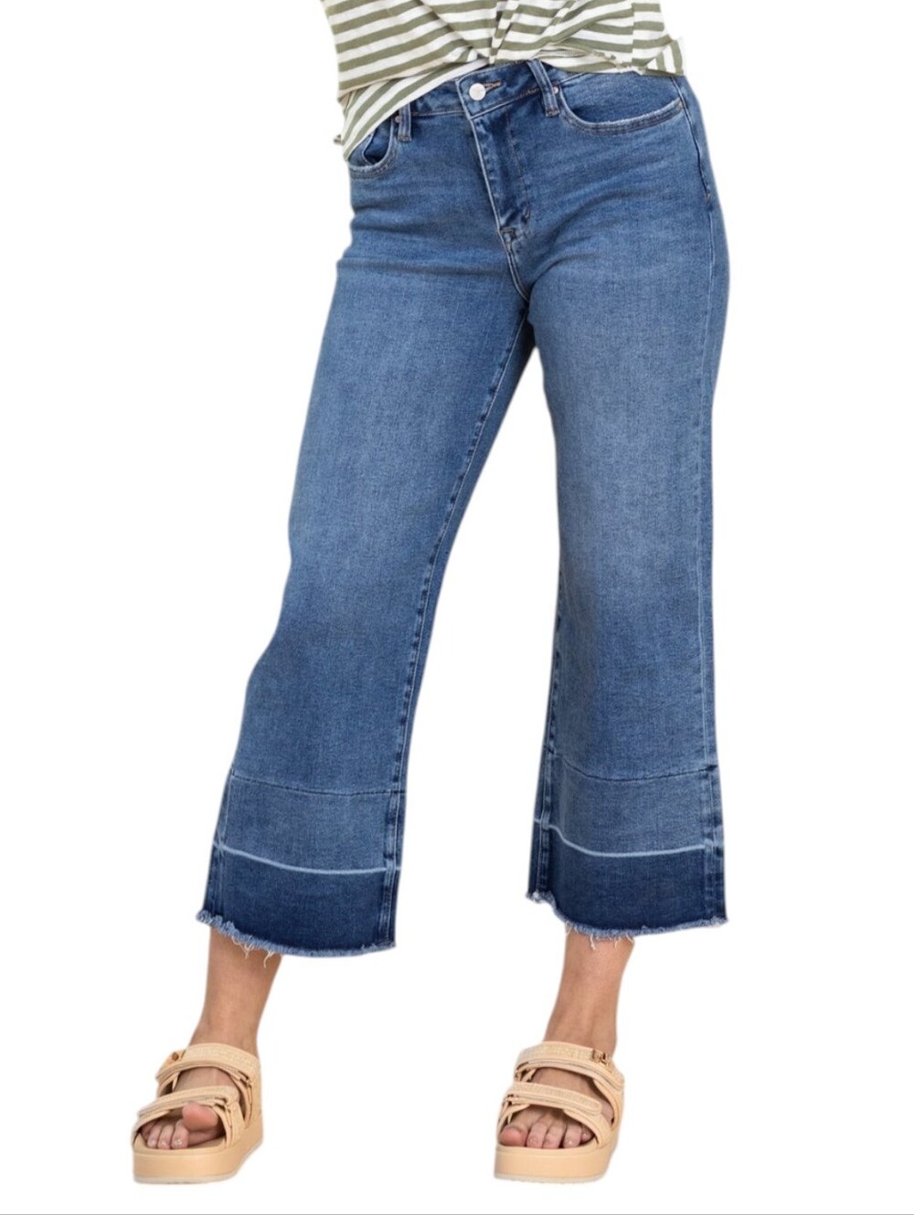 Mica Medium-Wash Contrast Crop Wide-Leg Jeans